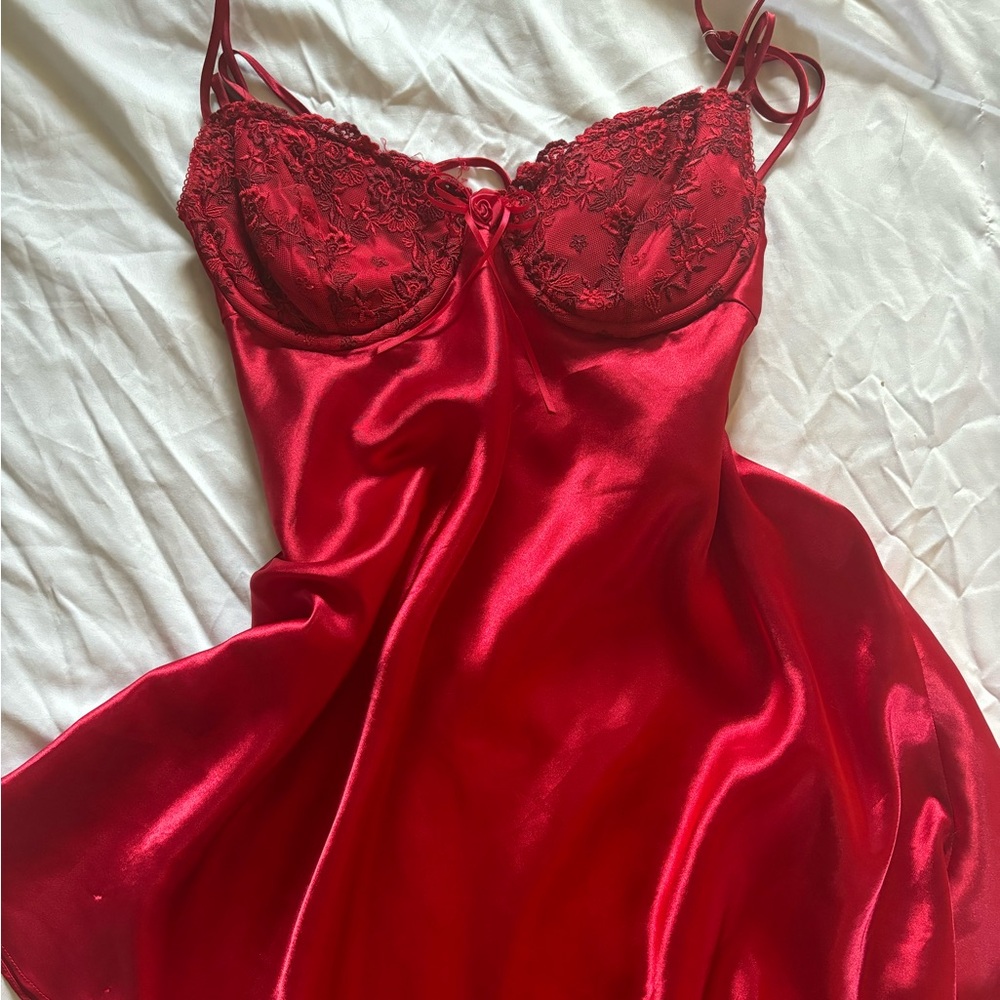 Red Gillian O’Malley silk dress